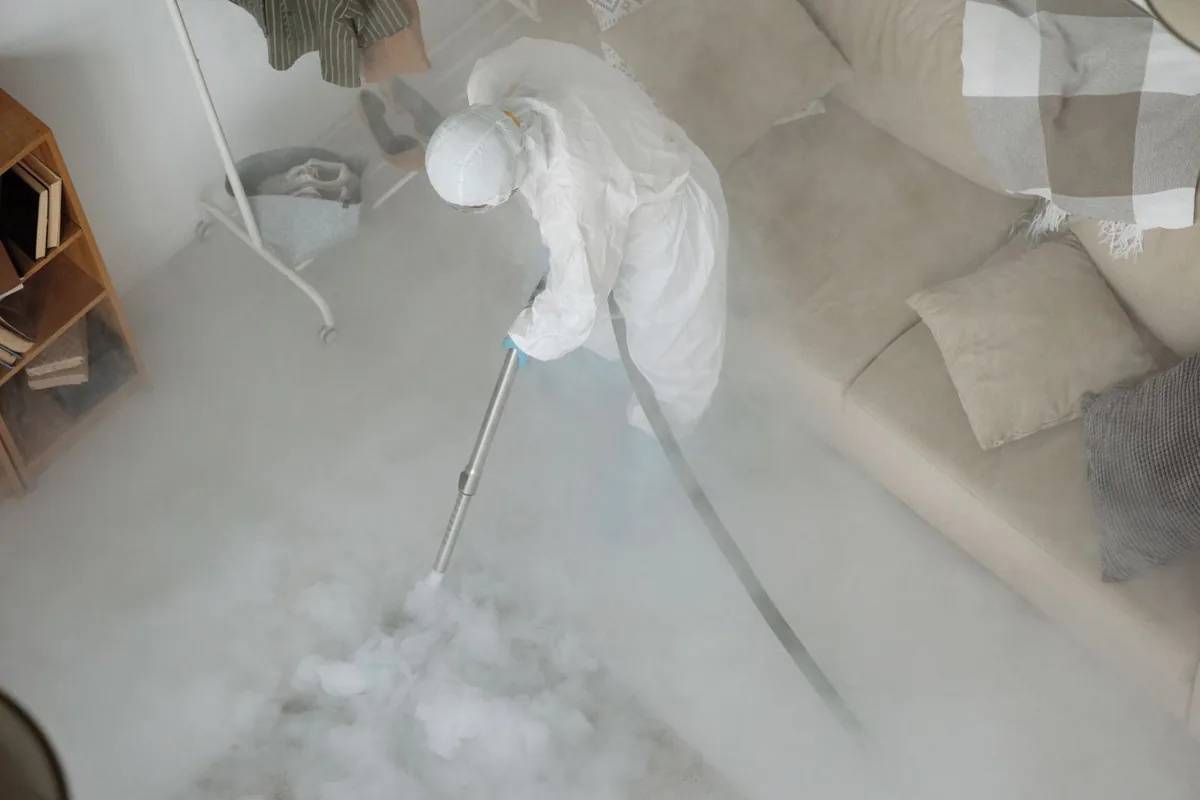 Biohazard cleanup technician in protective equipment, Lugoff, SC